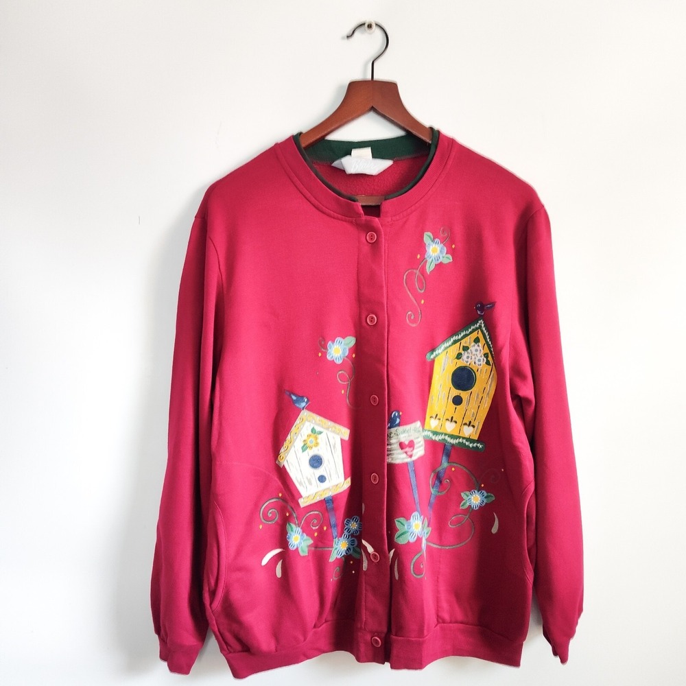Vintage 90s Y2K Bird House Flowers Oversized Cottagecore Sweatshirt Cardigan Red